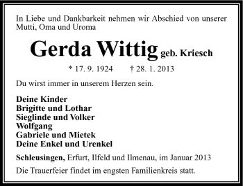 Traueranzeige von Gerda Wittig von Südthüringer Presse
