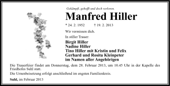 Traueranzeige von Manfred Hiller von Südthüringer Presse
