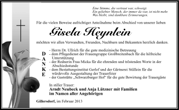 Traueranzeige von Gisela Heynlein von Südthüringer Presse