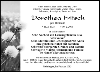 Traueranzeige von Dorothea Fritsch von Südthüringer Presse