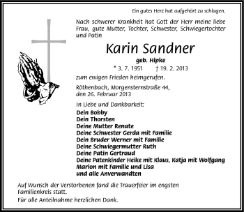 Traueranzeige von Karin Sandner von Frankenpost