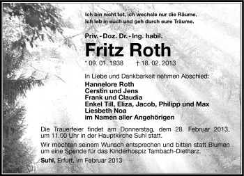 Traueranzeige von Fritz Roth von Südthüringer Presse