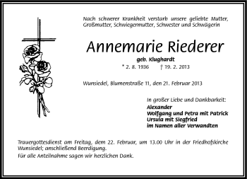 Traueranzeige von Annemarie Riederer von Frankenpost