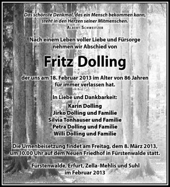Traueranzeige von Fritz Dolling von Südthüringer Presse
