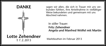 Traueranzeige von Lotte Zehendner von Frankenpost