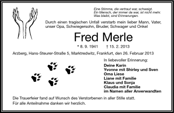 Traueranzeige von Fred Merle von Frankenpost