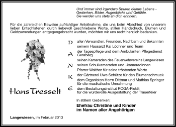 Traueranzeige von Hans Tresselt von Südthüringer Presse