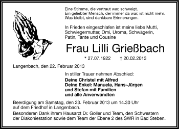 Traueranzeige von Lilli Grießbach von Frankenpost