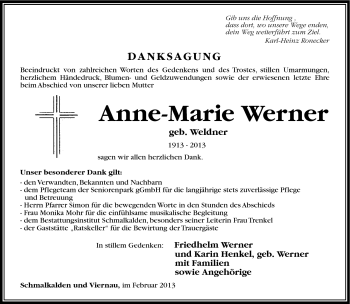 Traueranzeige von Anne-Marie Werner von Südthüringer Presse