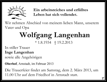 Traueranzeige von Wolfgang Langenhan von Südthüringer Presse