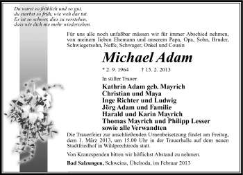 Traueranzeige von Michael Adam von Südthüringer Presse