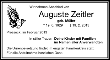 Traueranzeige von Auguste Zeitler von Frankenpost