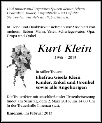 Traueranzeige von Kurt Klein von Südthüringer Presse