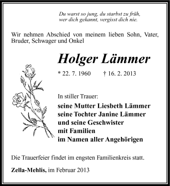 Traueranzeige von Holger Lämmer von Südthüringer Presse