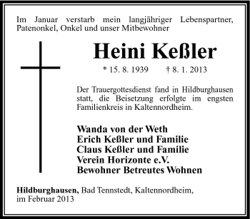 Traueranzeige von Heini Keßler von Südthüringer Presse