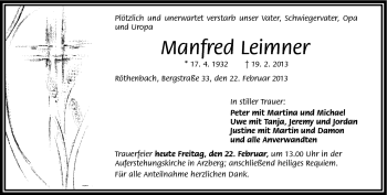 Traueranzeige von Manfred Leimner von Frankenpost