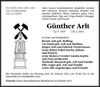 Traueranzeige von Günther Arlt von Südthüringer Presse