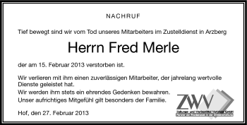 Traueranzeige von Fred Merle von Frankenpost