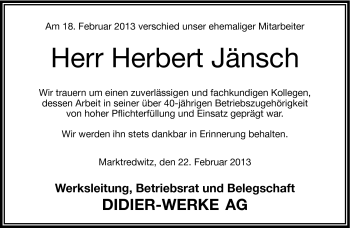 Traueranzeige von Herbert Jänsch von Frankenpost