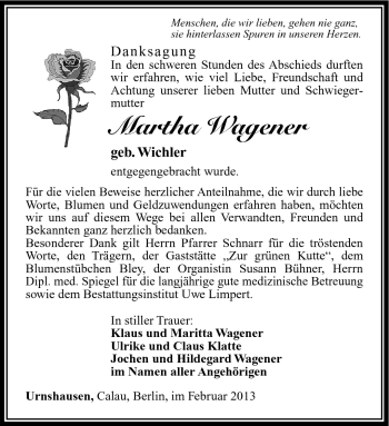 Traueranzeige von Martha Wagener von Südthüringer Presse