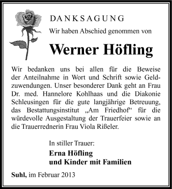 Traueranzeige von Werner Höfling von Südthüringer Presse