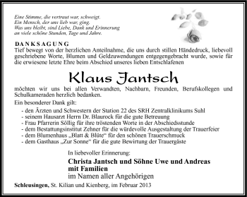 Traueranzeige von Klaus Jantsch von Südthüringer Presse
