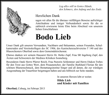 Traueranzeige von Bodo Lieb von Südthüringer Presse