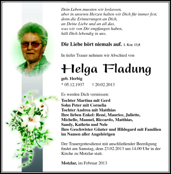Traueranzeige von Helga Fladung von Südthüringer Presse