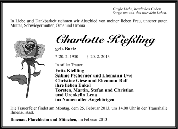Traueranzeige von Charlotte Kießling von Südthüringer Presse