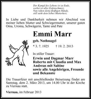 Traueranzeige von Emmi Marr von Südthüringer Presse