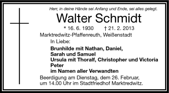 Traueranzeige von Walter Schmidt von Frankenpost