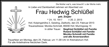 Traueranzeige von Hedwig Schlüßel von Frankenpost