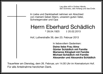 Traueranzeige von Eberhard Schädlich von Frankenpost