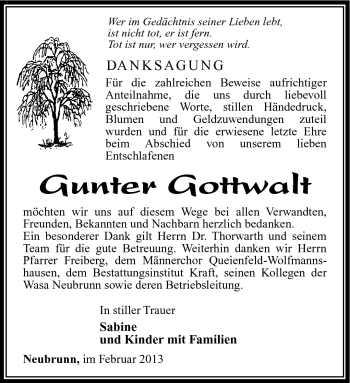 Traueranzeige von Gunter Gottwalt von Südthüringer Presse