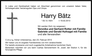 Traueranzeige von Harry Bätz von Neue Presse Coburg