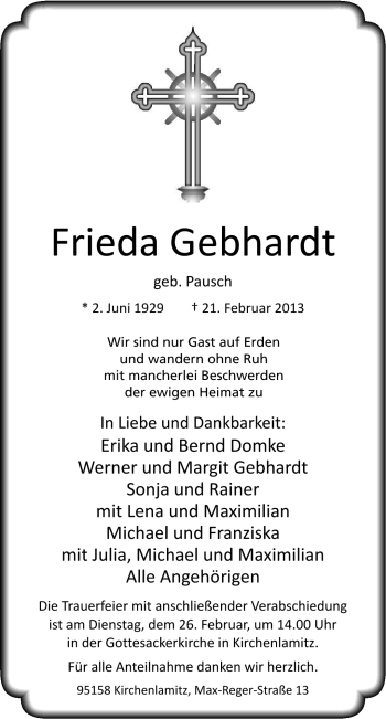 Traueranzeige von Frieda Gebhardt von Frankenpost