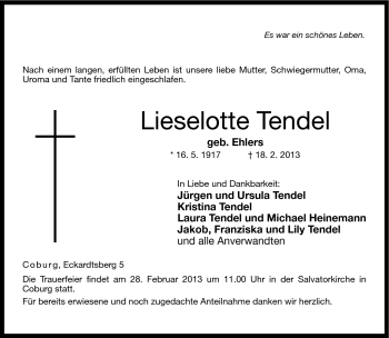 Traueranzeige von Lieselotte Tendel von Neue Presse Coburg