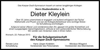 Traueranzeige von Dieter Kleylein von Neue Presse Coburg