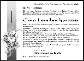 Traueranzeige von Erna Leimbach von Südthüringer Presse