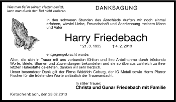 Traueranzeige von Harry Friedebach von Neue Presse Coburg