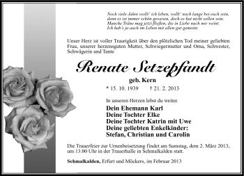 Traueranzeige von Renate Setzepfand von Südthüringer Presse
