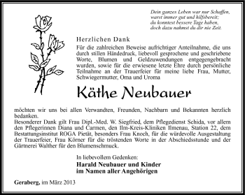 Traueranzeige von Käthe Neubauer von Südthüringer Presse