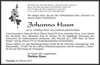 Traueranzeige von Johanna Haun von Südthüringer Presse