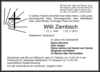 Traueranzeige von Willi Zmbsch von Frankenpost