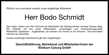 Traueranzeige von Bodo Schmidt von Neue Presse Coburg