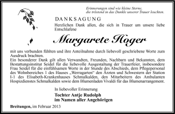Traueranzeige von Margarete Hoger von Südthüringer Presse
