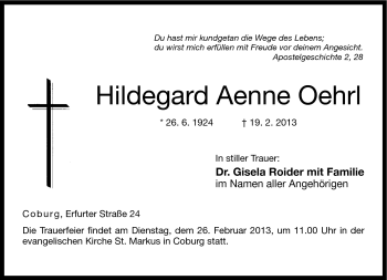 Traueranzeige von Hildegard Aenne Oehrl von Neue Presse Coburg