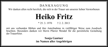 Traueranzeige von Heiko Fritz von Südthüringer Presse