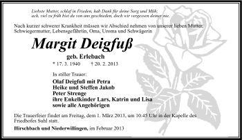 Traueranzeige von Margit Deigfuß von Südthüringer Presse