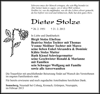 Traueranzeige von Dieter Stolze von Südthüringer Presse